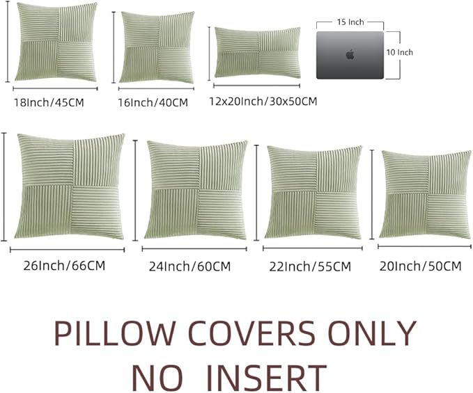 Fancy Homi 2 Packs Sage Green Decorative Throw Pillow Covers 22x22 Inch for Living Room Couch Bed Sofa, Farmhouse Boho Home Decor, Soft Corss Corduroy Patchwork Accent Square Cushion Case 55x55 cm