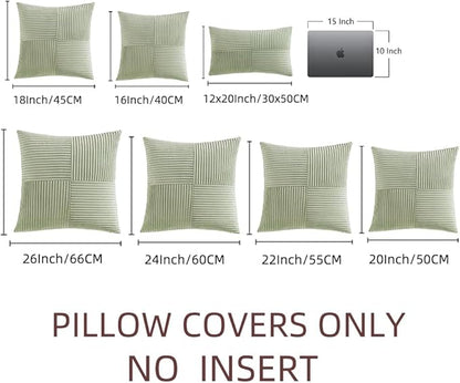 Fancy Homi 2 Packs Sage Green Decorative Throw Pillow Covers 22x22 Inch for Living Room Couch Bed Sofa, Farmhouse Boho Home Decor, Soft Corss Corduroy Patchwork Accent Square Cushion Case 55x55 cm