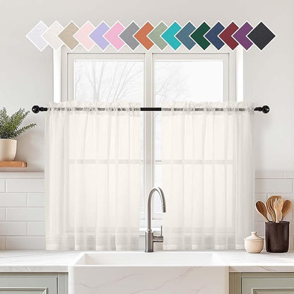 Ivory Small Sheer Curtains 2 Panels Set, Kitchen Curtains 36 Inch Length, Elegant Light Filtering Short Window Drapes for Living Room Bedroom, Dual Rod Pocket Design, 2x42Wx36L Inches