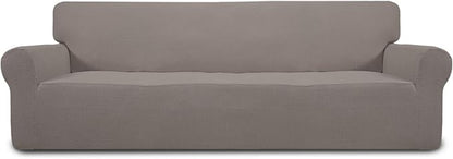 Easy-Going Stretch 4 Seater Sofa Slipcover 1-Piece Sofa Cover Furniture Protector Couch Soft with Elastic Bottom for Kids, Polyester Spandex Jacquard Fabric Small Checks Taupe