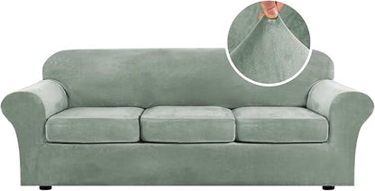 H.VERSAILTEX Velvet 4 Piece High Stretch Sofa Slipcover Cover Furniture Protector Form Fit Luxury Thick Velvet Extra Large Sofa Cover for 3 Cushion Couch Width Up to 105 Inch (XL Sofa, Sea Grass)