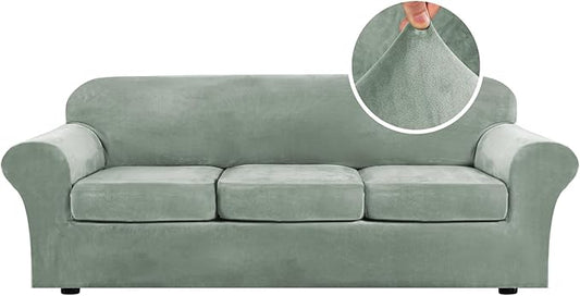H.VERSAILTEX Velvet 4 Piece High Stretch Sofa Slipcover Cover Furniture Protector Form Fit Luxury Thick Velvet Extra Large Sofa Cover for 3 Cushion Couch Width Up to 105 Inch (XL Sofa, Sea Grass)