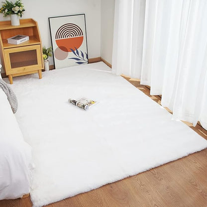 Ghouse Ultra Soft Faux Rabbit Fur Rug 5x8, Machine Washable Area Rugs for Bedroom Fluffy Rugs for Living Room, No-Shedding Carpet Sheepskin Rug White