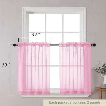 Pink Kitchen Curtains 30 Inch Length Tier 2 PCS, Solid Soft Airy Half Curtains for Windows, Pink Sheer Rod Pocket Drapes for Bathroom Basement Small Window, 42" Wx30 L Inches