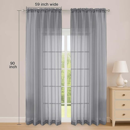 OWENIE Grey Sheer Curtain 90 Inches Long 2 Panels Set, Solid Filmy Drapes for Living Room Bedroom, Elegant Window Voile Sheer Curtain Panels Drapes, 2 Pcs, Each 59" Wx90 L Inch
