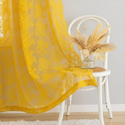 YJ YANJUN Vintage Lace Curtains 84 Inches Long-Victorian Floral Pattern Boho Mustard Yellow Sheer Curtain Panels for Living Room Bedroom,Light Filtering, Dark Gold Summer Drapes 2 Panels 52W x 84L