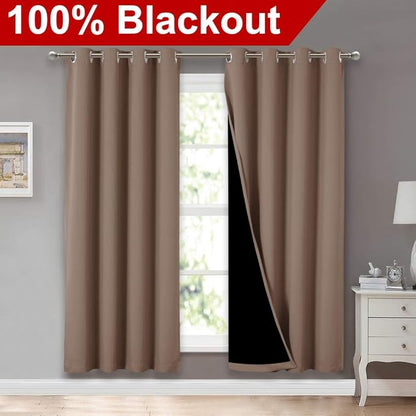 NICETOWN Living Room Completely Shaded Draperies, Privacy Protection & Noise Reducing Ring Top Drapes, Black Lined Insulated Window Treatment Curtain Panels(Cappuccino, 2 Pieces, W52 x L72)