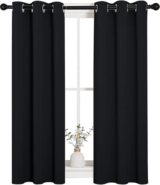 NICETOWN Living Room Blackout Curtains and Drapes, Black Solid Thermal Insulated Grommet Blackout Drapery Panels for Window (2 Panels, 29 inches Wide by 45 inches Long, Black)
