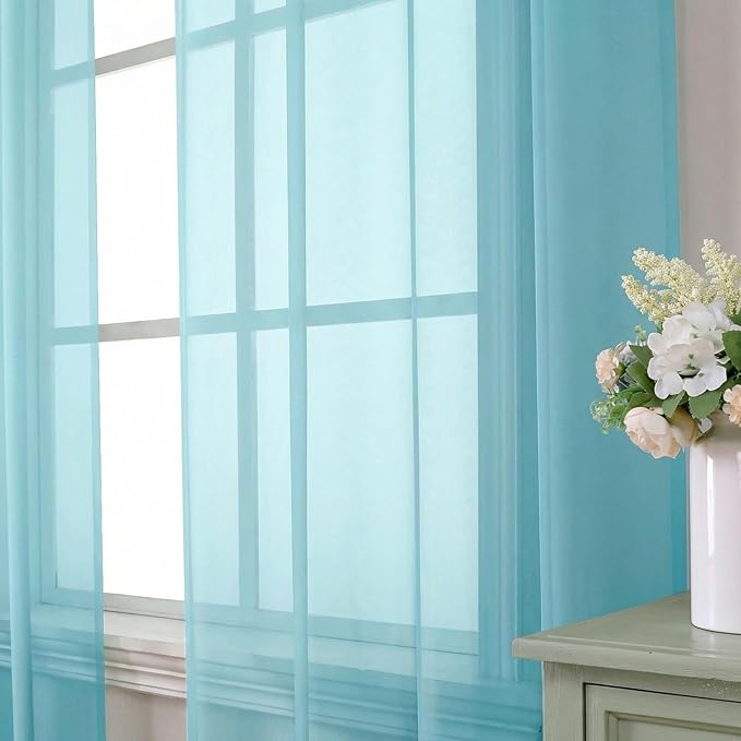 Aiyufeng Aqua Sheer Curtains 72 Inch Length 2 Panels Set, Light Filtering Airy Rod Pocket Aqua Window Curtain Treatment Drapes for Kitchen Bedroom Living, Each 42Wx72L Inches