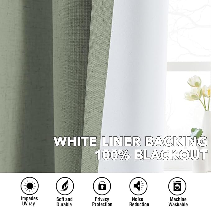H.VERSAILTEX Linen Curtains 100% Blackout Curtains for Bedroom 102 inch Long Full Light Blocking Nature Linen Blended Window Curtains for Living Room Nickel Grommet (2 Panels, Heathered Dried Sage)