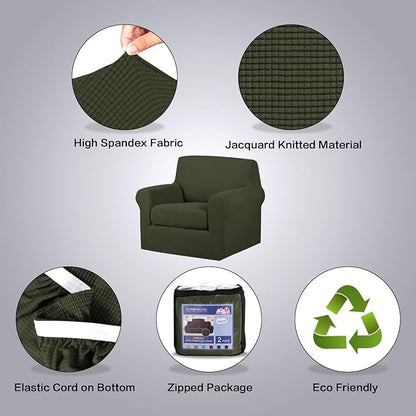 H.VERSAILTEX 2 Piece Couch Cover Stretch Stylish Chair Cover Furniture Cover/Protector Featuring Jacquard Textured Twill Fabric, High Spandex Slipcover Machine Washable (Chair, Olive)
