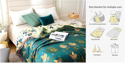 MSGKV Boho Throw Blanket 100% Cotton Blankets for Bed Couch 60''x80'', Spring Breathable Farmhouse Bird Blankets Quilt Muslin Home Decor