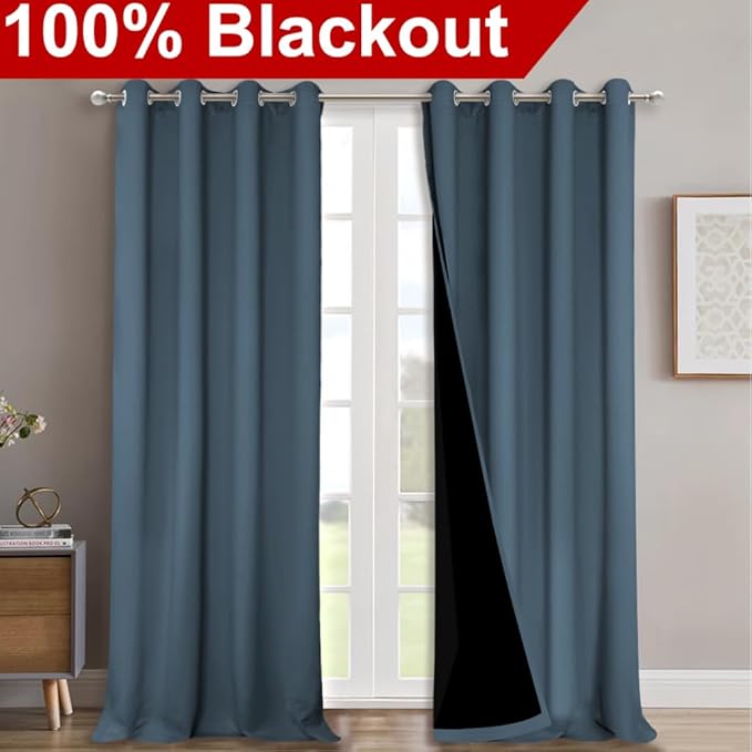 NICETOWN 100% Blackout Blinds, Set of 2, 46" x 96", Smoky Blue, Laundry Room Decor Window Treatment Curtains for Large Patio Sliding Door, Thermal Insulated Curtains for Bedroom