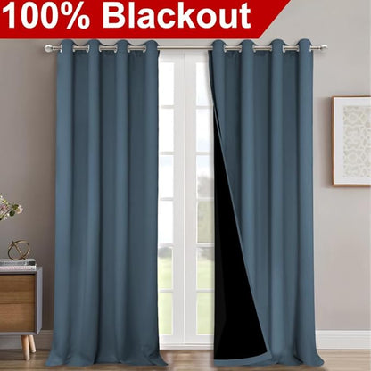 NICETOWN 100% Blackout Blinds, Set of 2, 46" x 96", Smoky Blue, Laundry Room Decor Window Treatment Curtains for Large Patio Sliding Door, Thermal Insulated Curtains for Bedroom
