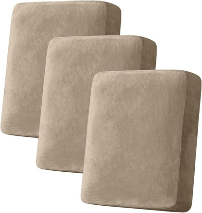 Couch Cover Stretch Velvet Sofa Cushion Cover 3-Piece - Elastic Washable Slipcover for Seat or Backrest, Couch Seat Covers for Sofas (Leather Brown)