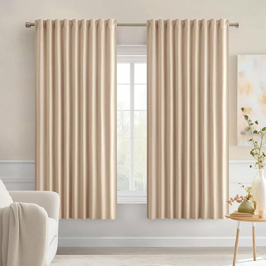 MIULEE Beige Back Tab Blackout Curtains 63 Inch Length 2 Panels Set for Living Room Bedroom Privacy, Rod Pocket/Pinch Pleat Thermal Insulated Room Darkening Pleated Light Blocking Drapes