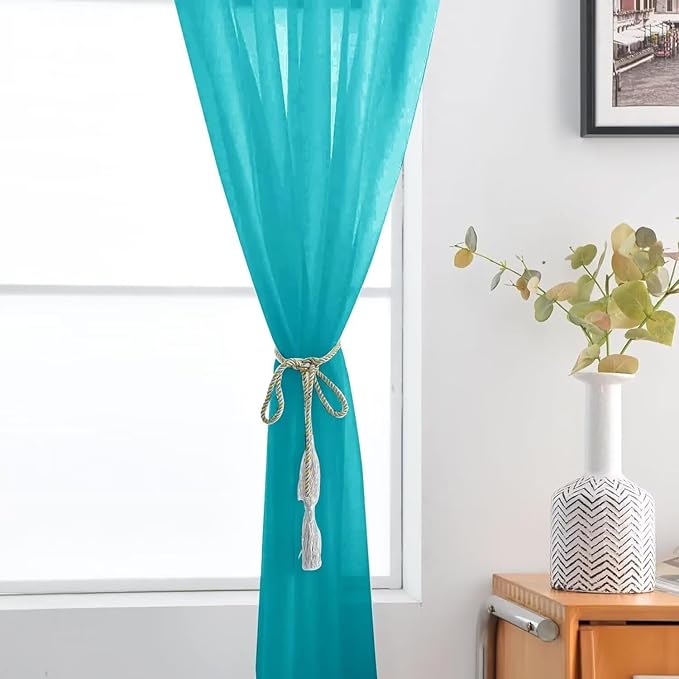 SpaceDresser Basic Rod Pocket Sheer Voile Window Curtain Panels Peacock Blue 1 Pair 2 Panels 52 Width 36 Inch Long for Kitchen Bedroom Children Living Room Yard（Peacock Blue, 52W x 36L）