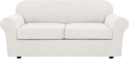 H.VERSAILTEX 3 Piece Stretch Sofa Covers for 2 Cushion Sofa Couch Covers for Living Room Sofa (Base Cover Plus 2 Seat Cushion Covers) Thicker Jacquard Fabric (Large Sofa, Porcelain White)
