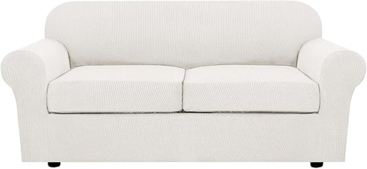 H.VERSAILTEX 3 Piece Stretch Sofa Covers for 2 Cushion Sofa Couch Covers for Living Room Sofa (Base Cover Plus 2 Seat Cushion Covers) Thicker Jacquard Fabric (Large Sofa, Porcelain White)