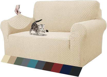 ZNSAYOTX 1 Piece Jacquard Couch Covers for 2 Cushion Couch High Stretch Loveseat Slipcover for Pets Dogs Anti Slip Love Seat Sofa Slipcover Furniture Protector (Loveseat, Light Beige)