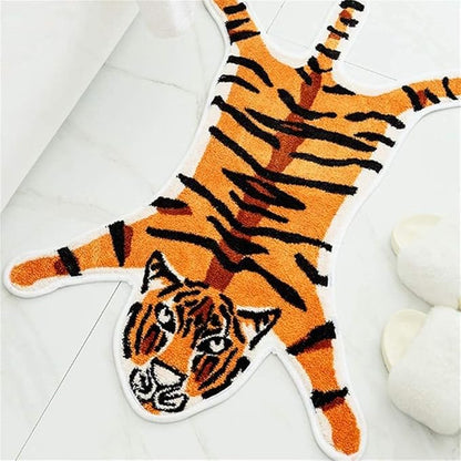Tiger Print Rug Animal Printed Small Area Rugs Faux Cowhide Skin Leather Nonslip Personalized Bath Carpet Cartoon Rug Bedroom Office Living Room Floor Mat 2.6x1.8Ft/32.2inx21.4in