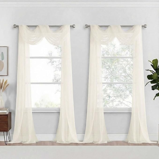 Ivory Sheer Curtains 216 Inches Long, Extra Long Light Filtering Scarf Curtains for Wedding Party Ceremony Canopy Decor, Window Voile Sheer Drapes, Dual Rod Pocket, 2x42Wx216L Inches