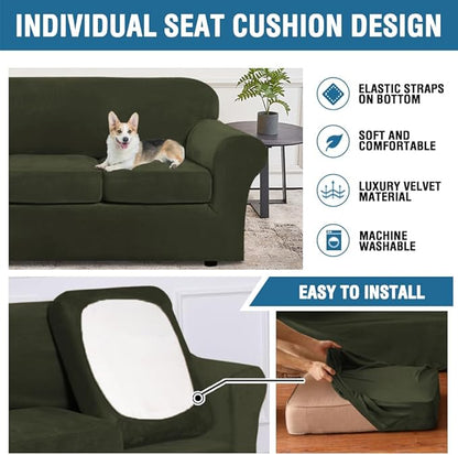 H.VERSAILTEX Real Velvet Plush 3 Piece Stretch Sofa Covers Couch Covers for 2 Cushion Couch Loveseat Covers Width Up to 72 Inch Feature Thick Soft Stay in Place (Medium Sofa, Olive)
