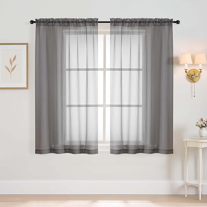 Grey Window Sheer Curtains 54 inch Length, Soft Airy Light Filtering Sheer Curtain 2 Panels Set, Dual Rod Pocket Gauze Drapes for Living Room Bedroom, Charcoal Grey, 2x42Wx54L Inches