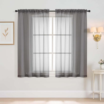 Grey Window Sheer Curtains 54 inch Length, Soft Airy Light Filtering Sheer Curtain 2 Panels Set, Dual Rod Pocket Gauze Drapes for Living Room Bedroom, Charcoal Grey, 2x42Wx54L Inches