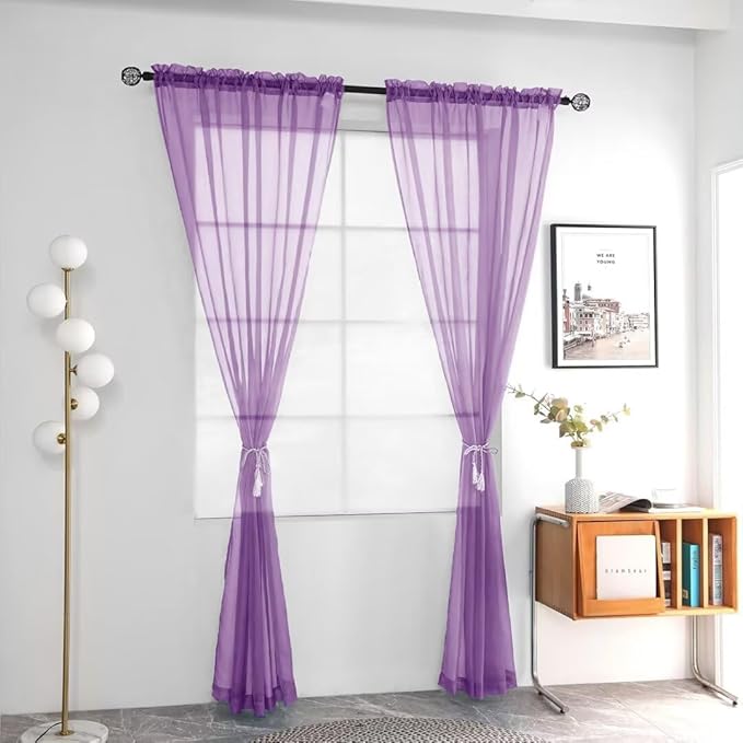 youleyar Solid Sheer Rod Pocket Curtain Voile Draperies 2 Panels White Beige Black Grey Coffee 52 Inch Width 63 Inch Long 1 Pair for Kitchen Bedroom Children Living Room Yard (Lavender,52Wｘ63L)
