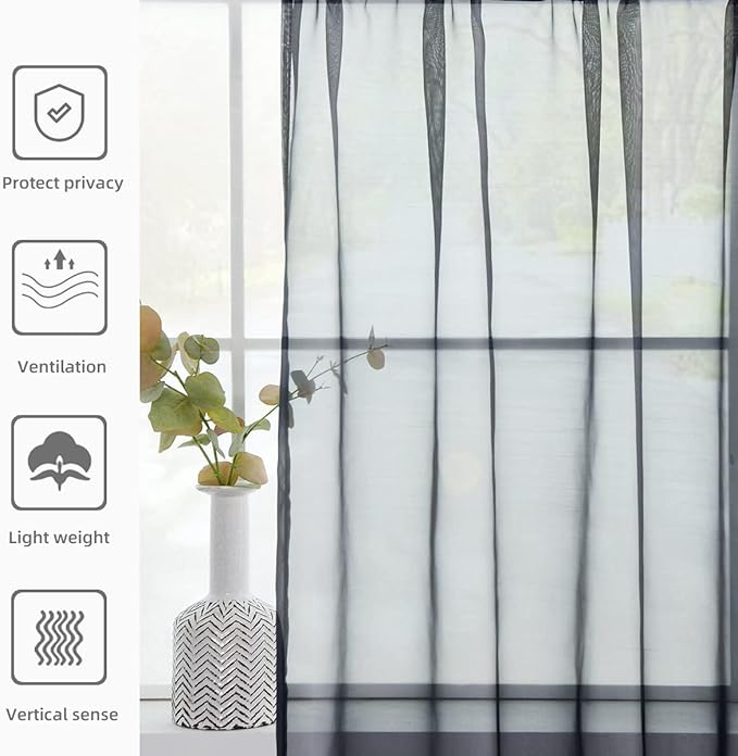 youleyar Solid Sheer Rod Pocket Curtain Voile Draperies 2 Panels White Beige Black Grey Coffee 52 Inch Width 54 Inch Long 1 Pair for Kitchen Bedroom Children Living Room Yard(Charcoal Grey,52Wｘ54L)