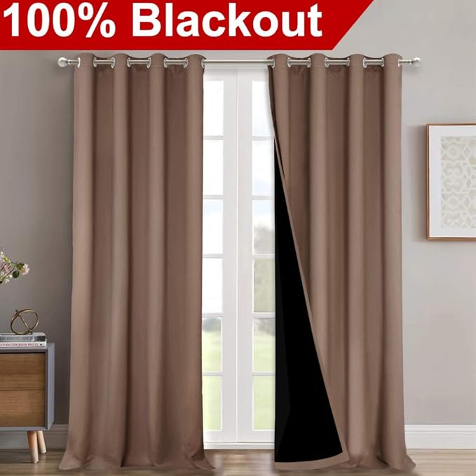 NICETOWN Extra Long Truly Blackout Drapes for Hall and Villa, Blackout Window Curtain Panels with Black Lined for Night Shift Worker, 52-inch Width, 108-inch Length, Cappuccino, 2 PCs