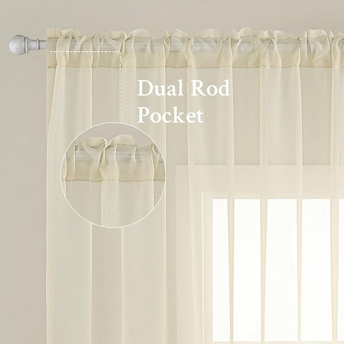 MIULEE Short Sheer Curtains 45 Inches Long, Light Cream Light Filtering Voile Drapes with Rod Pocket for Bathroom Windows, Small Window Treatments, 2 Panels Set