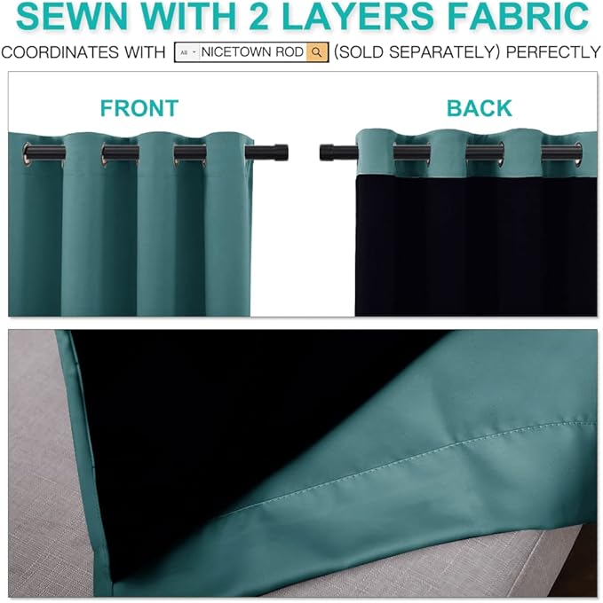 NICETOWN 100% Blackout Curtain Panels, Thermal Insulated Black Liner Curtains for Nursery Room, Noise Reducing and Cold Blocking Drapes for Windows (Set of 2, Sea Teal, 52-inch Wide by 63-inch Long)
