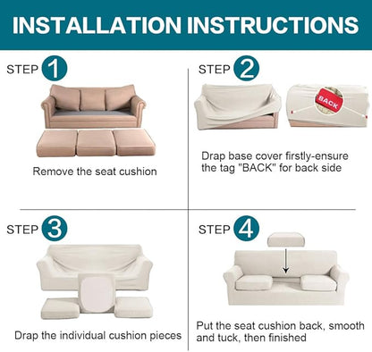 Turquoize 4 Piece Sofa Covers for 3 Cushion Couch Sofa Slipcover Soft Couch Cover for Dogs-Washable Sofa Furniture Covers with 3 Individual Large Cushion Covers, Feature Thick Fabric (XL Sofa, Ivory)
