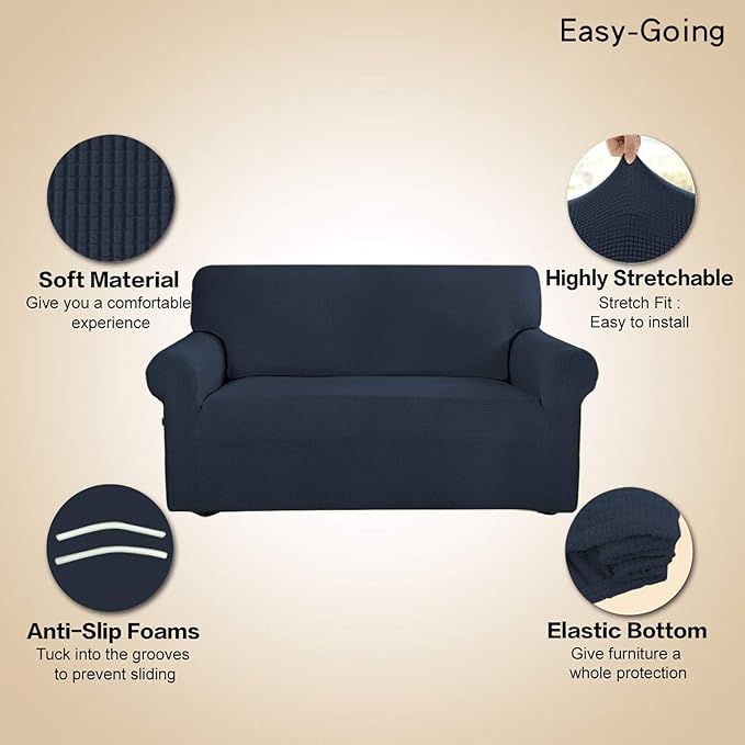 Easy-Going Stretch Sofa Slipcover 1-Piece Sofa Cover Furniture Protector Couch Soft with Elastic Bottom for Kids, Polyester Spandex Jacquard Fabric Small Checks (Sofa, Dark Blue)