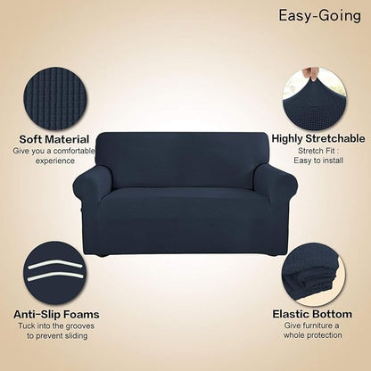 Easy-Going Stretch Sofa Slipcover 1-Piece Sofa Cover Furniture Protector Couch Soft with Elastic Bottom for Kids, Polyester Spandex Jacquard Fabric Small Checks (Sofa, Dark Blue)