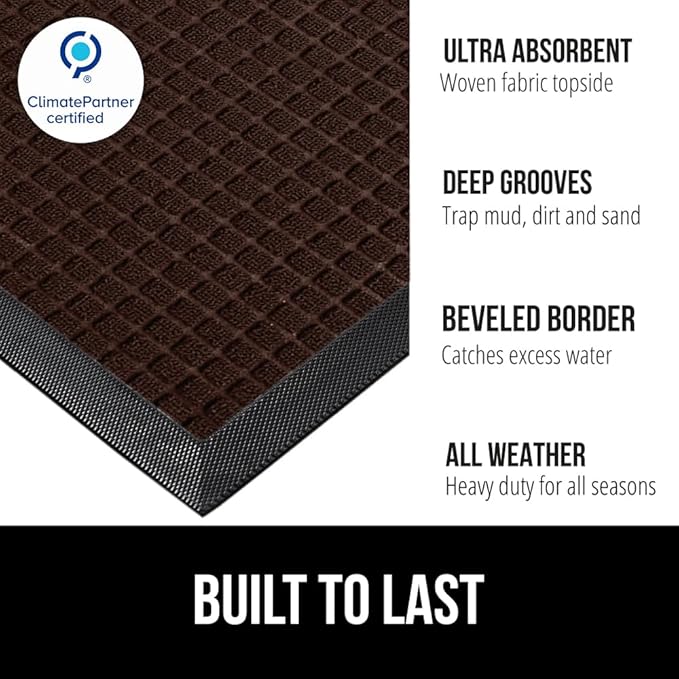 GORILLA GRIP 100% Waterproof All-Season WeatherMAX Doormat US Designed Natural Rubber, Stain and Fade Resistant, Low Profile Indoor Outdoor Door Mats, Easy Clean Patio Mat, 29x17, Coffee Square
