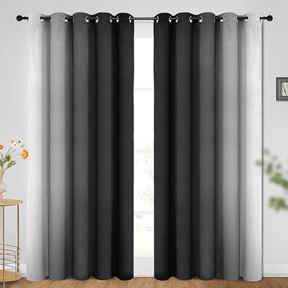 SimpleHome Ombre Room Darkening Curtains for Bedroom, Gradient Black to Grey White Light Blocking Thermal Insulated Grommet Window Curtain/Drapes for Living Room,2 Panels, 70x84 inches Length