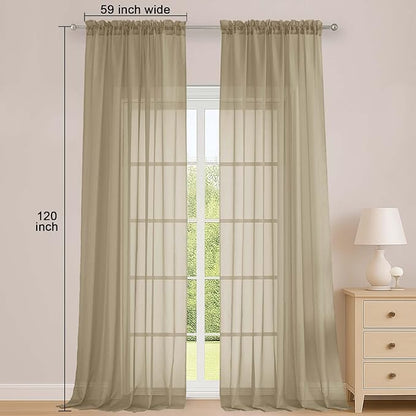 OWENIE Taupe Sheer Curtains 120 Inches Long 2 Panels Set, Airy Lightweight Sheer Taupe Curtains for Living Room Bedroom, Farmhouse Voile Filmy Rod Pocket Curtains Drapes, 2 Pcs, Each 59" Wx120 L Inch