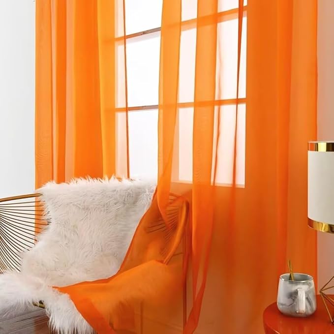 SpaceDresser Basic Rod Pocket Sheer Voile Window Curtain Panels Orange 1 Pair 2 Panels 52 Width 36 Inch Long for Kitchen Bedroom Children Living Room Yard（Orange, 52W x 36L）
