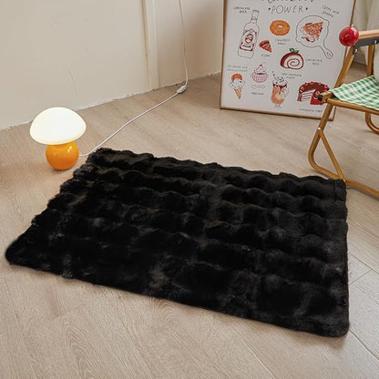 Black Rabbit Plush Rug 2'x3', Fluffy Faux Fur Shaggy Area Rug for Nursery, Kids Room Decor, Soft Fuzzy Carpet for Living Room, Bedroom, Teen Girls Room