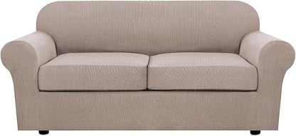 H.VERSAILTEX 3 Piece Stretch Sofa Covers for 2 Cushion Sofa Couch Covers for Living Room Furniture Cover (Base Cover Plus 2 Seat Cushion Covers) Thicker Jacquard Fabric(Large Sofa, Sand)