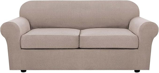 H.VERSAILTEX 3 Piece Stretch Sofa Covers for 2 Cushion Sofa Couch Covers for Living Room Furniture Cover (Base Cover Plus 2 Seat Cushion Covers) Thicker Jacquard Fabric(Large Sofa, Sand)
