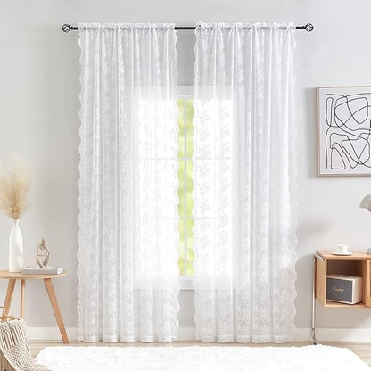 YJ YANJUN Vintage Lace Curtains 80 Inch Length for Doorway -Victorian Floral Pattern White Sheer Curtain Panels for Living Room Bedroom,Light Filtering, Country Cottage Core Drapes 2 Panels 52W x 80L