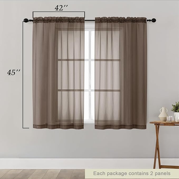 Chocolate Sheer Curtains for Bedroom Living Room 45 Inch Length 2 Panels, Soft Light Filtering Small Kitchen Window Curtains, Rod Pocket Short Curtain Drapes, Chocolate, 42" Wx45 L Inches