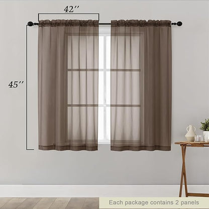 Chocolate Sheer Curtains for Bedroom Living Room 45 Inch Length 2 Panels, Soft Light Filtering Small Kitchen Window Curtains, Rod Pocket Short Curtain Drapes, Chocolate, 42" Wx45 L Inches