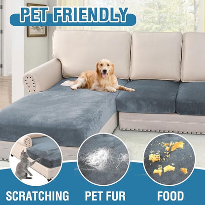 H.VERSAILTEX Velvet Stretch Sectional Couch Covers - 4 Piece Sofa Seat Cushion Set - L Shape Separate Cushion - Both Left/Right Couch Chaise Cover - Large Sofa 3 Seater + 1 Chaise, Stone Blue