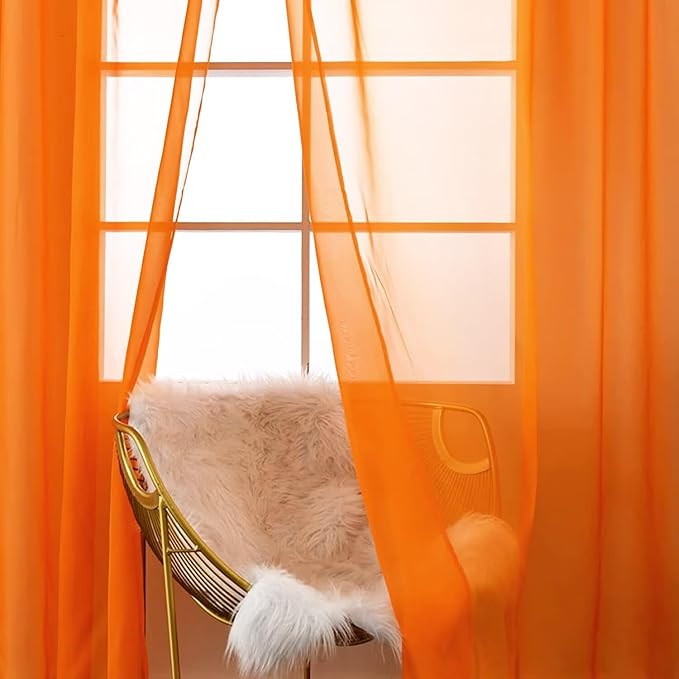 SpaceDresser Orange Sheer Curtains 4 Panels Rod Pocket Semi-Sheer Curtain 90 Inches Long Light Filtering Voile Window Drapes for Bedroom Living Room Kitchen, Each 52W x 90L