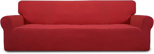 Easy-Going Stretch 4 Seater Sofa Slipcover 1-Piece Sofa Cover Furniture Protector Couch Soft with Elastic Bottom for Kids, Polyester Spandex Jacquard Fabric Small Checks Christmas Red